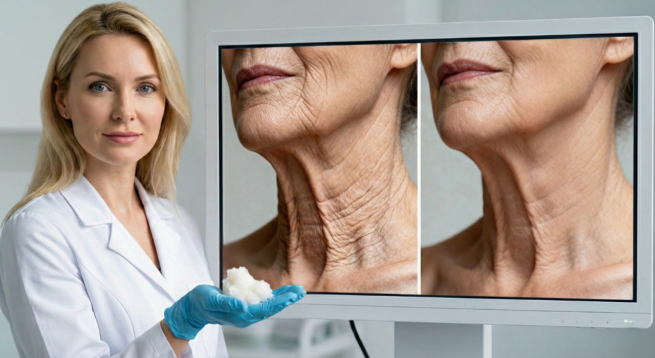 Board-certified dermatologist in a white lab coat holding a sample of the featured formula, with a before-and-after split-screen of a 62-year-old patient's neck and jawline displayed beside her