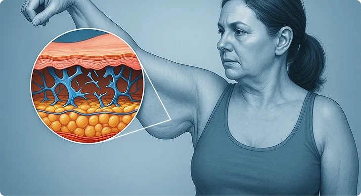 Anatomical illustration of a woman's upper arm with a magnified cutaway showing the skin's collagen scaffolding, dermal layers, and underlying fat structure
